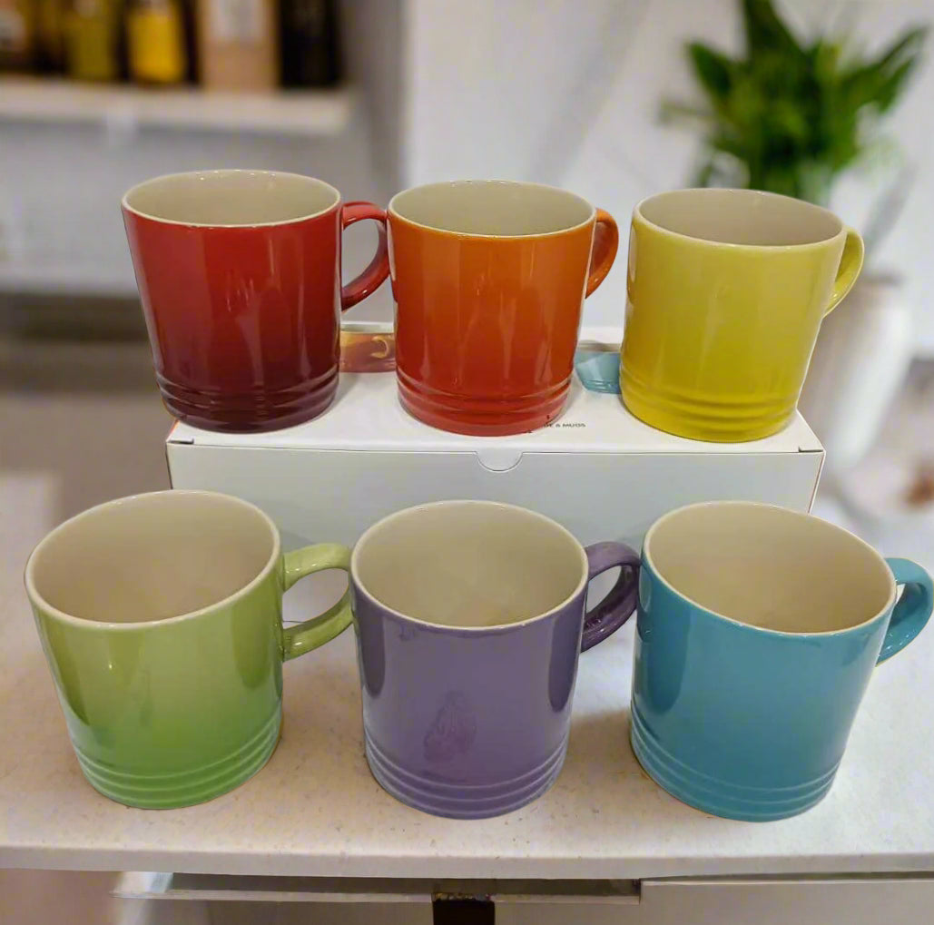 Le Creuset Stoneware Rainbow Coffee Mugs, 350 ml, Cerise, Volcanic, Teal, Ultra Violet, Soleil, Palm